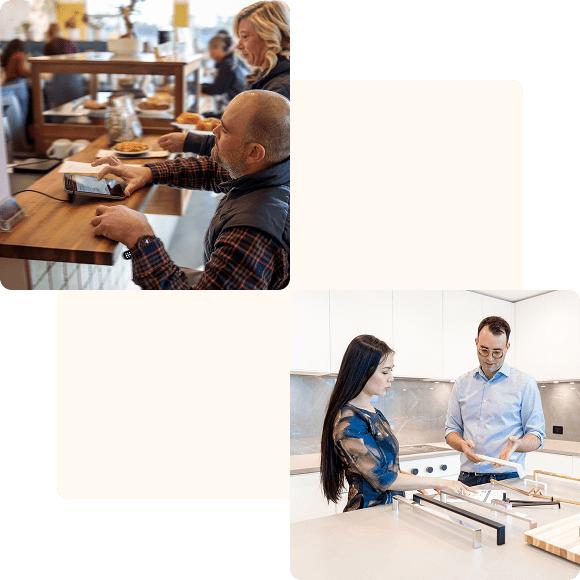 People interacting in kitchen and café settings.
