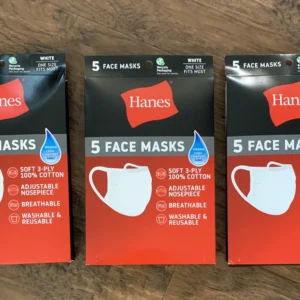 Hanes Face Masks 100% Cotton Washable Reusable White 3 Pack (15 Pc)