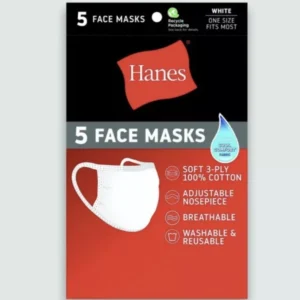 5 Pack HANES Face Masks [WHITE]Cotton Reusable Cover Cloth Facemask _NEW_